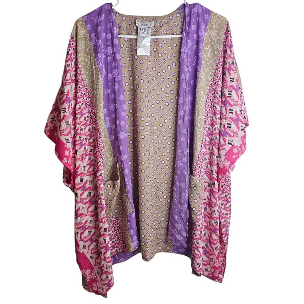 Susan Graver Boho Maximalist Print Purple Pink Tan Open Front Pocket Cardigan